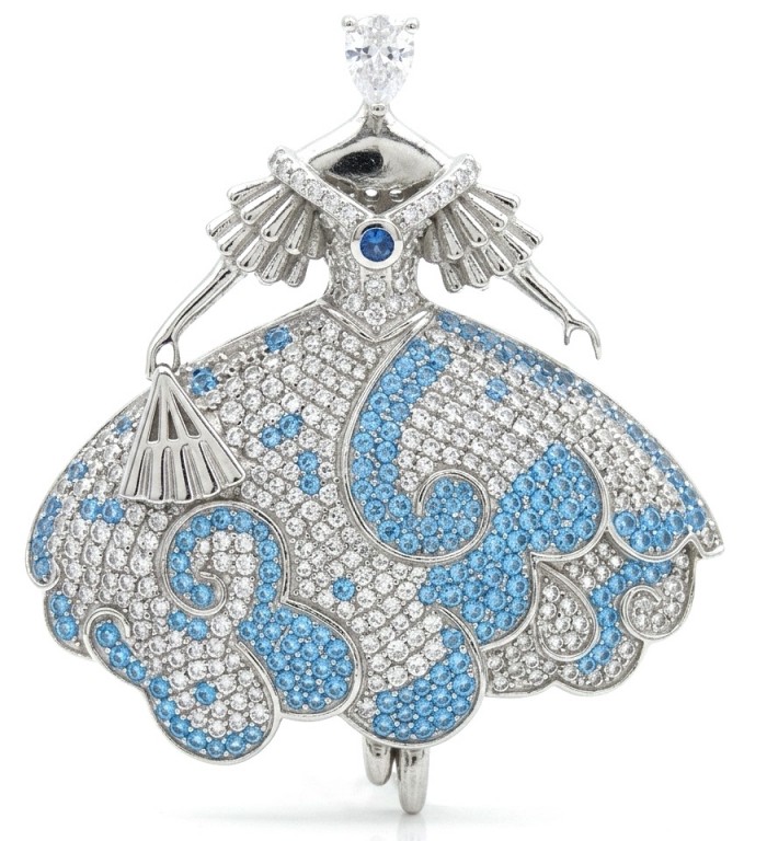 Ballerina - Precious pave 4.2 carat Colombian Sapphire rhodium over .925 Sterling Silver handmade Pendant - Brooch