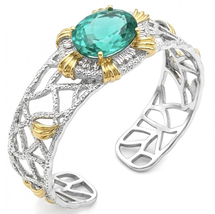Real Treasure 24.2 carat Aquamarine 2 tones .925 Sterling Silver Bracelet BANGLE