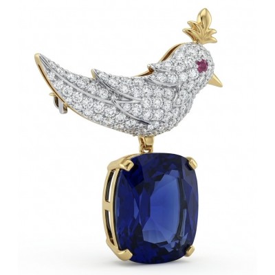 Bird on a Rock - Iconic design - Genuine 12.5 carat Sapphire 18K Gold over .925 Sterling Silver handmade Brooch