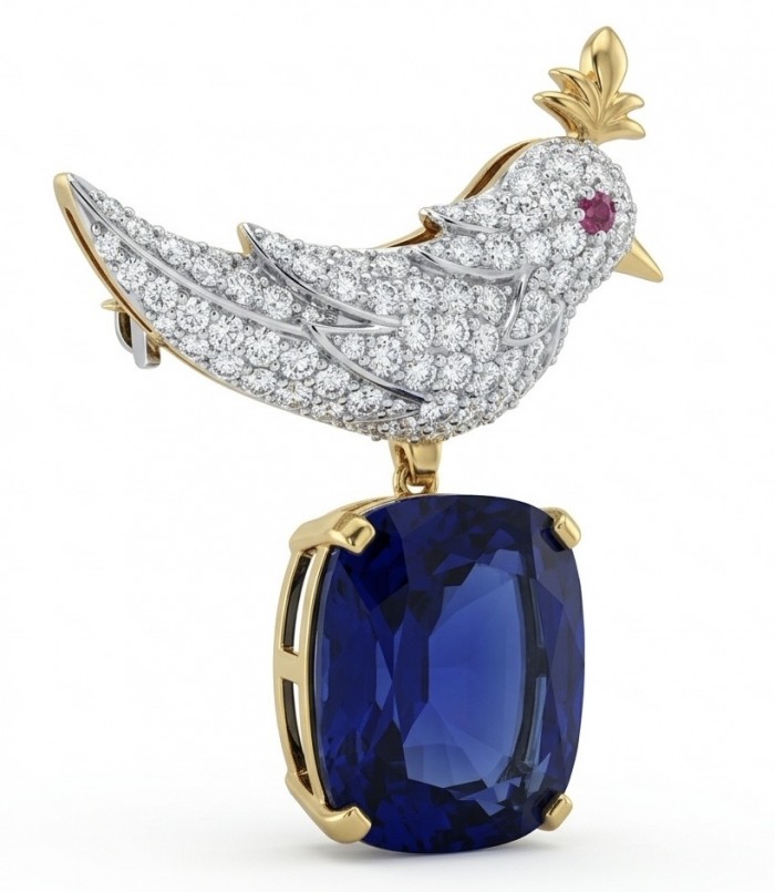 Bird on a Rock - Iconic design - Genuine 12.5 carat Sapphire 18K Gold over .925 Sterling Silver handmade Brooch