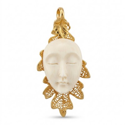 Stylish REAL Leaf dipped in Gold 10.5 carat carved Bone .925 Sterling Silver Pendant