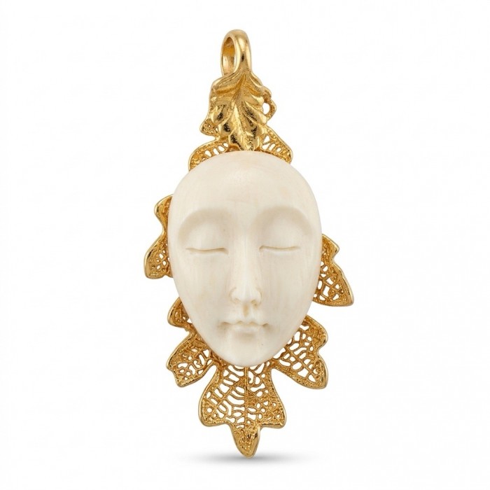 Stylish REAL Leaf dipped in Gold 10.5 carat carved Bone .925 Sterling Silver Pendant