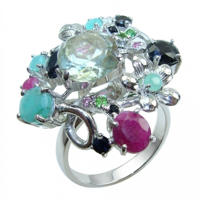 Isabel Authentic 18.7 carat Green Amethyst rhodium over .925 Sterling Silver handcrafted Statement Ring size 9