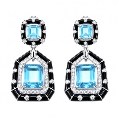 Art deco Magnificent Jewel 8.4 carat SWISS BLUE TOPAZ Black enamel .925 Sterling Silver dipped in RHODIUM handcrafted incredible earrings