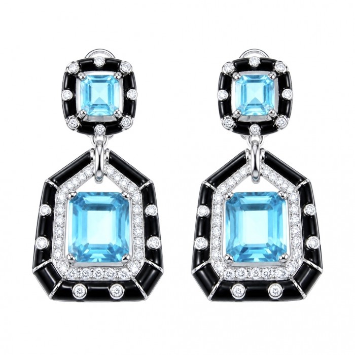 Art deco Magnificent Jewel 8.4 carat SWISS BLUE TOPAZ Black enamel .925 Sterling Silver dipped in RHODIUM handcrafted incredible earrings