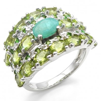 Giovanna- Authentic 2.5 CARAT natural Colombian Emerald 6.2 carat Peridot .925 Sterling Silver dipped in Rhodium handcrafted Ring size 7