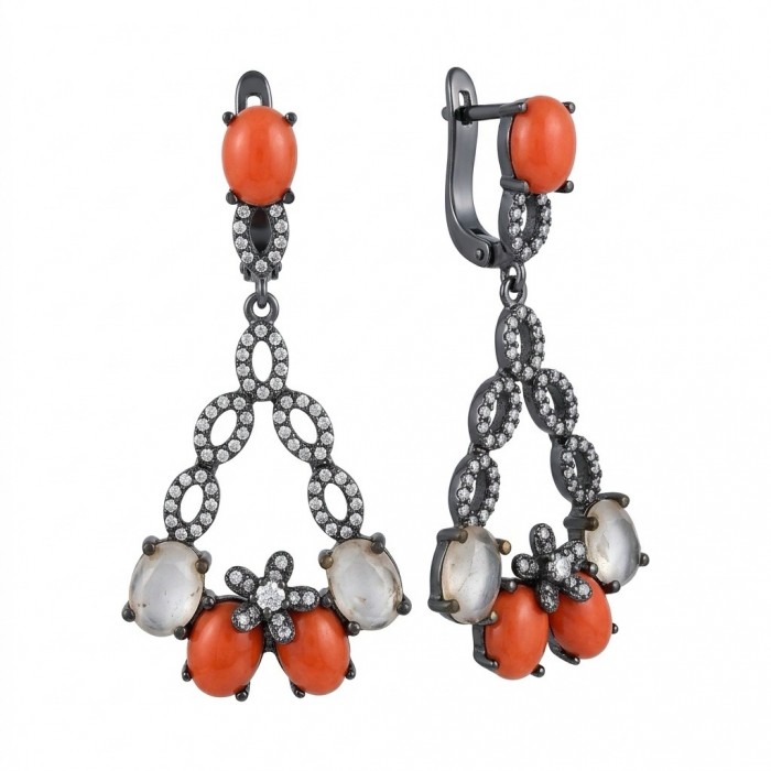 Queen of the Sea Genuine Orange Fossilized Coral black rhodium over .925 Sterling Silver handmade earrings