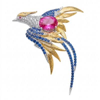 Colorful Precious Exotic Bird 5.2 Ruby 1.8 carat pave Sapphire 2 tones .925 Sterling Silver Pendant Brooch