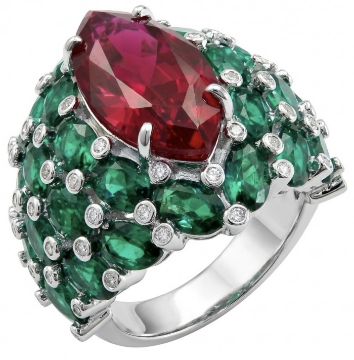 Giovanna 28.6 carat Ruby Emerald .925 Sterling Silver dipped rhodium handmade Huge Statement Ring size 8