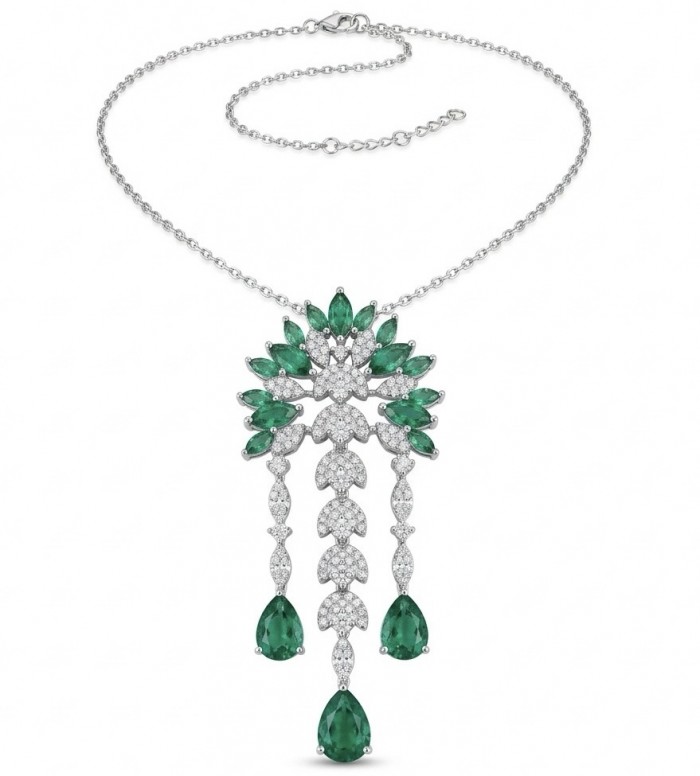 Precious 7.8 carat natural Colombian Emerald rhodium over .925 Sterling Silver Statement Necklace