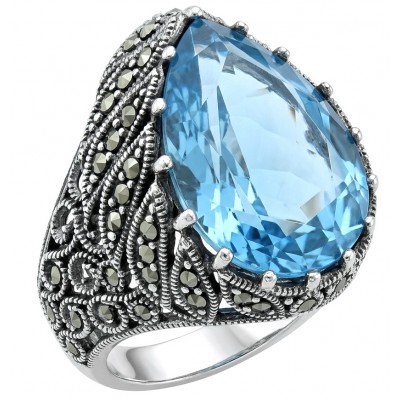 Massive Deep Blue 18.8 carat Aquamarine Marcasite .925 Sterling Silver handcrafted ring size 10