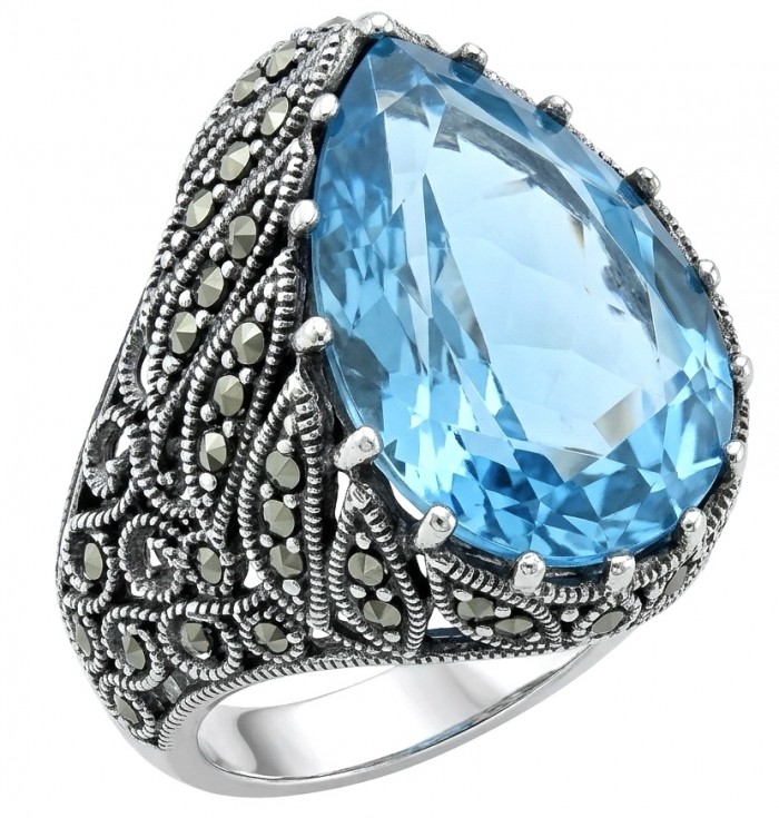 Massive Deep Blue 18.8 carat Aquamarine Marcasite .925 Sterling Silver handcrafted ring size 10