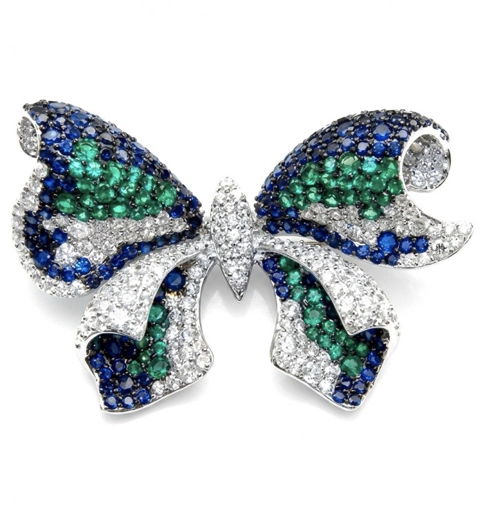 Giovanna - 18.5 carat Authentic Emerald Sapphire .925 Sterling Silver handcrafted Brooch