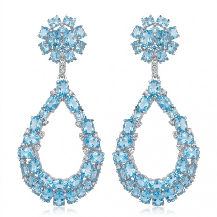 Serenity 14.5 carat genuine Swiss Blue Topaz .925 Sterling Silver handmade Statement Handcrafted earrings