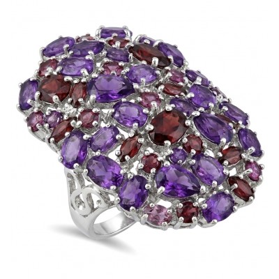 Giuseppina - Authentic 49.5 carat Amethyst Garnet rhodium over .925 Sterling Silver handcrafted Massive Statement Ring size 9