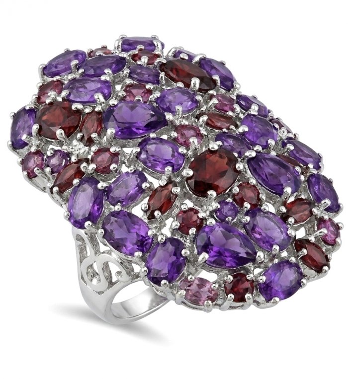 Giuseppina - Authentic 49.5 carat Amethyst Garnet rhodium over .925 Sterling Silver handcrafted Massive Statement Ring size 9 - video