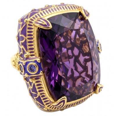 The Spirit of Athens 27.5 CARAT Amethyst Enamel .925 Sterling Silver dipped in 18K Gold Handcrafted Ring size 7
