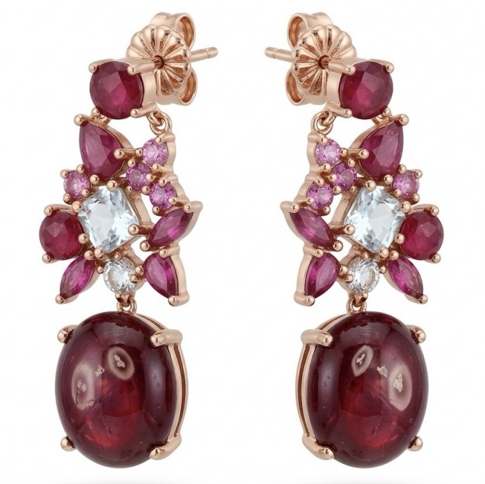 Extravaganza - 12.8 ctw Ruby 22K Rose Gold over .925 Sterling Silver handcrafted Statement handcrafted earrings