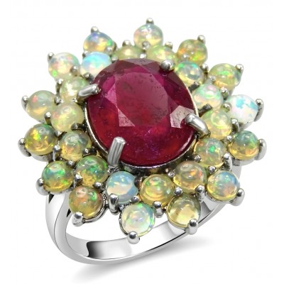 King of Gems Genuine 8.9 CARAT Mozambique Star Ruby 4.8 carat Fire Opal rhodum over .925 Sterling Silver Large Statement Ring size 7 1/4