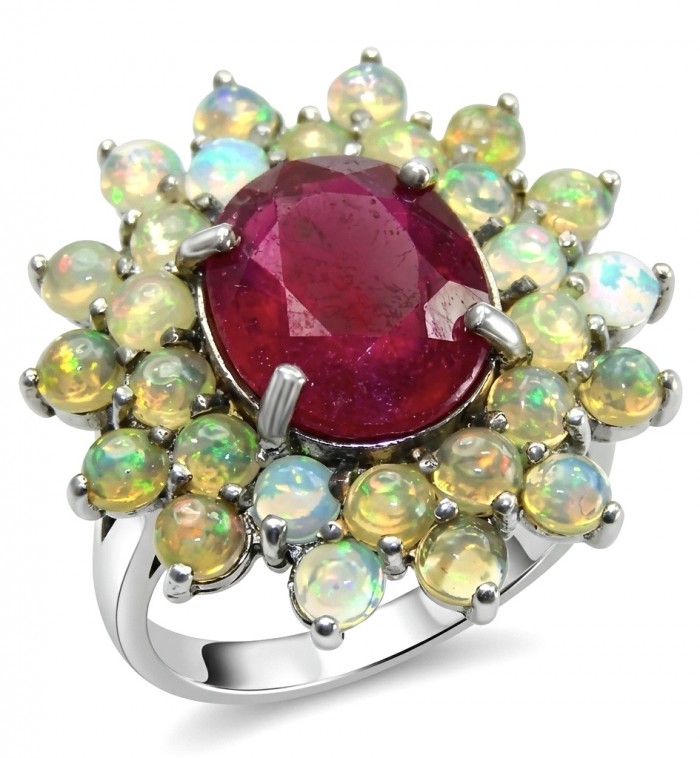 King of Gems Genuine 8.9 CARAT Mozambique Star Ruby 4.8 carat Fire Opal rhodum over .925 Sterling Silver Large Statement Ring size 7 1/4