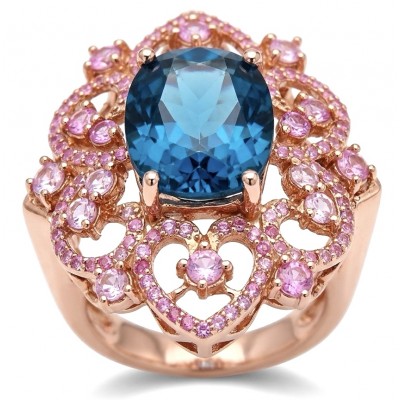 Victorian design 10.8 carat authentic London Blue Topaz 22k Rose Gold over.925 Sterling Silver handmade Statement Ring size 6 1/4