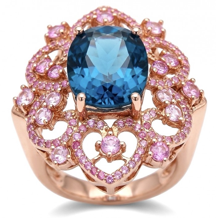 Victorian design 10.8 carat authentic London Blue Topaz 22k Rose Gold over.925 Sterling Silver handmade Statement Ring size 6 1/4