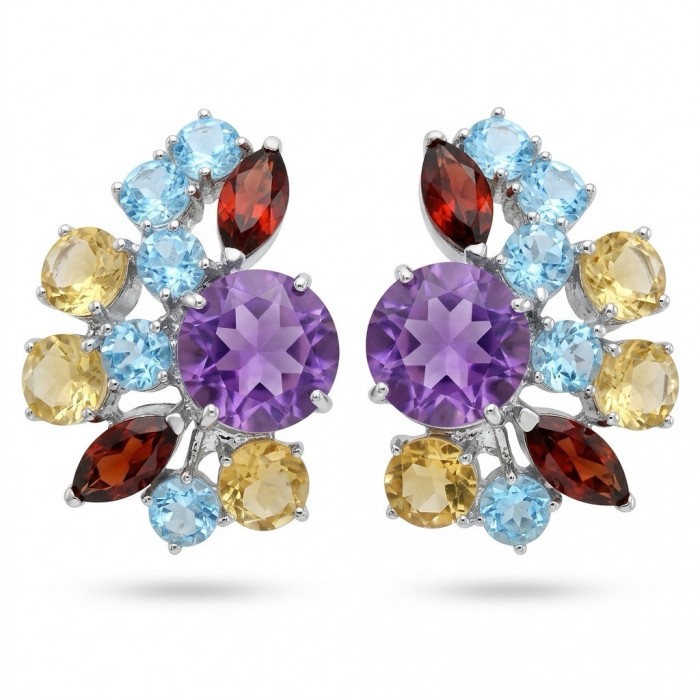Natural 10.6 carat Fancy cut Amethyst rhodium over .925 Sterling Silver handmade earrings