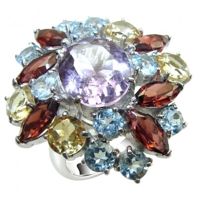 Natural 22.8 carat Fancy cut Amethyst rhodium over .925 Sterling Silver handcrafted Statement Ring size 7