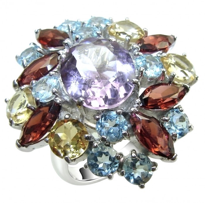 Natural 22.8 carat Fancy cut Amethyst rhodium over .925 Sterling Silver handcrafted Statement Ring size 7