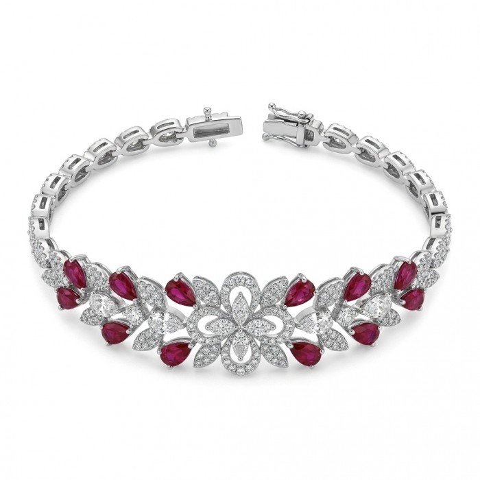Luxurious 28.7 carat natural Mozambique Ruby rhodium over .925 Sterling Silver .925 Sterling Silver handcrafted Statement Bracelet