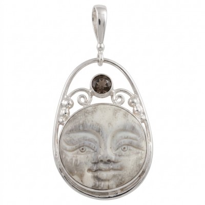 Moonface Carved Ox Bone Silver Pendant