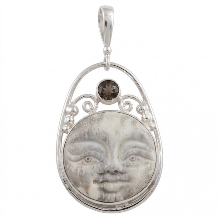 Moonface Carved Ox Bone Silver Pendant