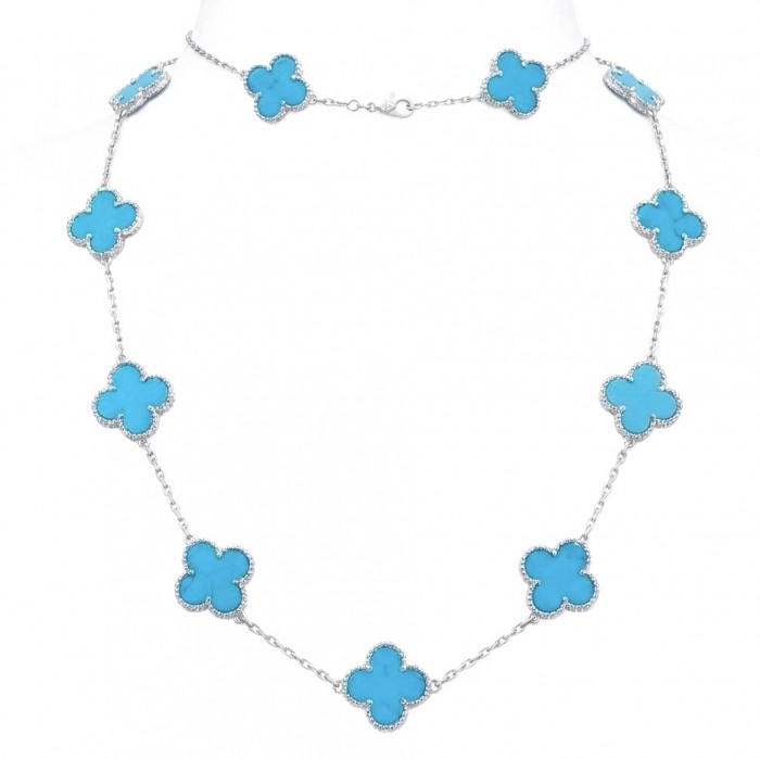 36 inches Outstanding authentic inlay Turquoise Lucky Four Leaf Clover .925 Sterling Silver necklace