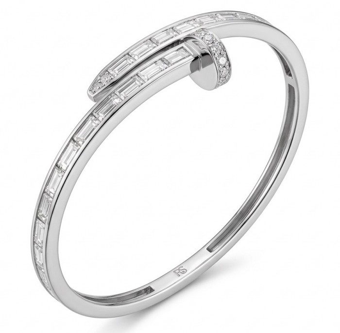 Nail 4.8 carat White Topaz rhodium over .925 Sterling Silver Bangle highly polished bracelet