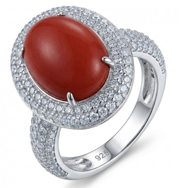 Elizabeth Natural Fossilized Coral 1.8 carat Moissanite .925 Sterling Silver handcrafted ring s. 7