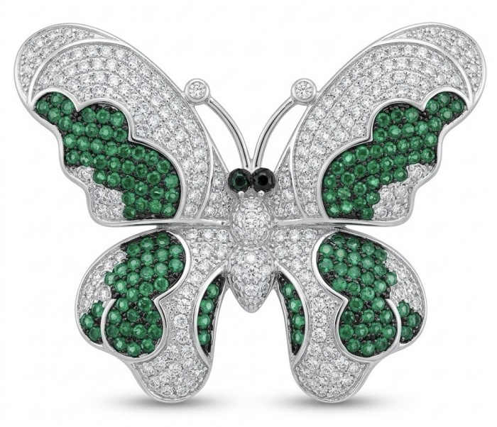 Precious Butterfly Genuine pave 6.5 carat Emerald .925 Sterling Silver handmade LARGE Statement Ring size 6 1/2