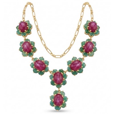 Juicy 22.2 carat Natural Kasmir Ruby 8.2 carat Colombian Emerald .925 Sterling Silver dipped in 22K Gold handcrafted Statement necklace
