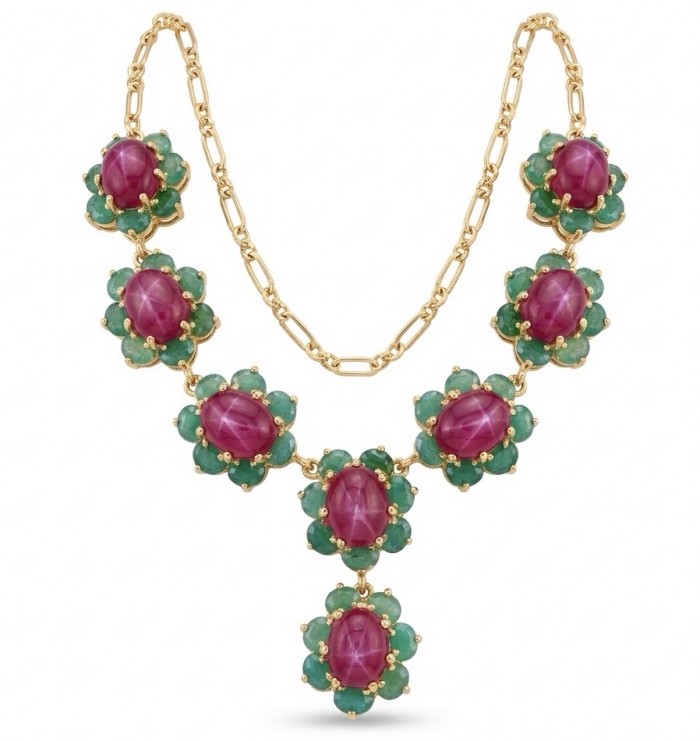 Juicy 22.2 carat Natural Kasmir Ruby 8.2 carat Colombian Emerald .925 Sterling Silver dipped in 22K Gold handcrafted Statement necklace
