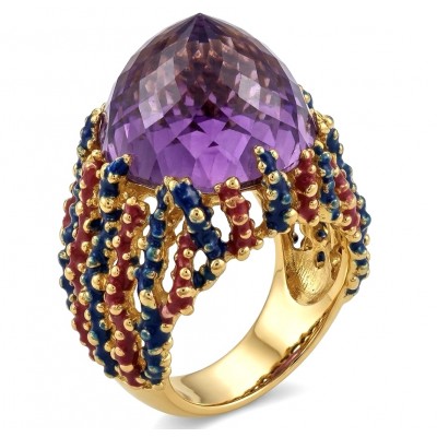 Peace 14.5 carat natural Fancy Rose cut Amethyst Enamel 22K Gold over .925 Sterling Silver Handcrafted Ring size 7 3/4