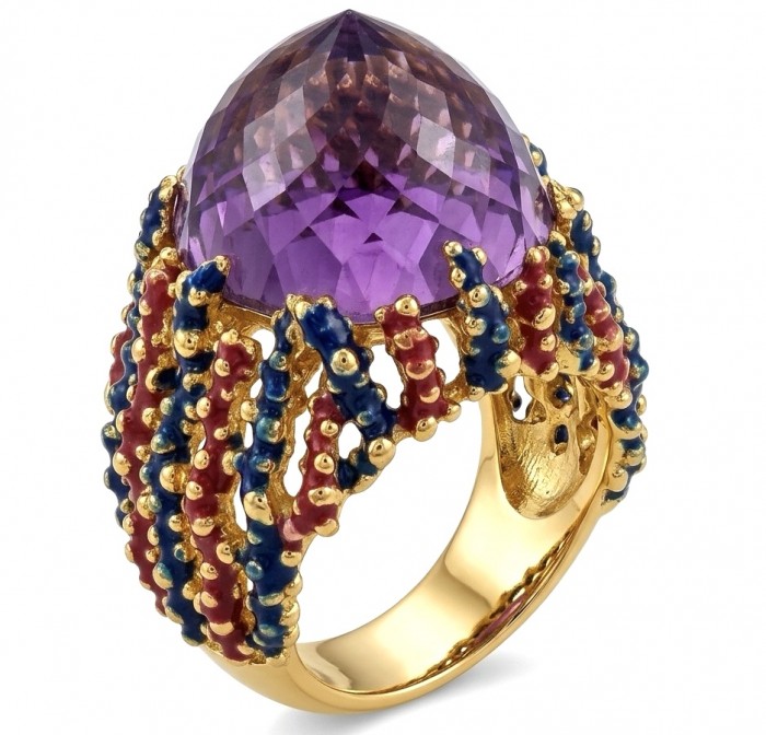 Peace 14.5 carat natural Fancy Rose cut Amethyst Enamel 22K Gold over .925 Sterling Silver Handcrafted Ring size 7 3/4