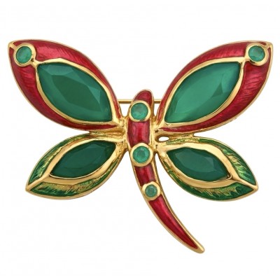 Green Buttrefly - 18.5 carat Authentic Emerald Enamel 22 carat Gold .925 Sterling Silver handcrafted Brooch