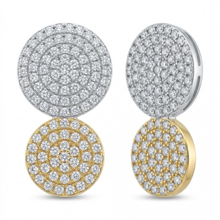 Precious 4.1 carat pave White Topaz 2 tones .925 Sterling Silver Golden Handcrafted Earrings