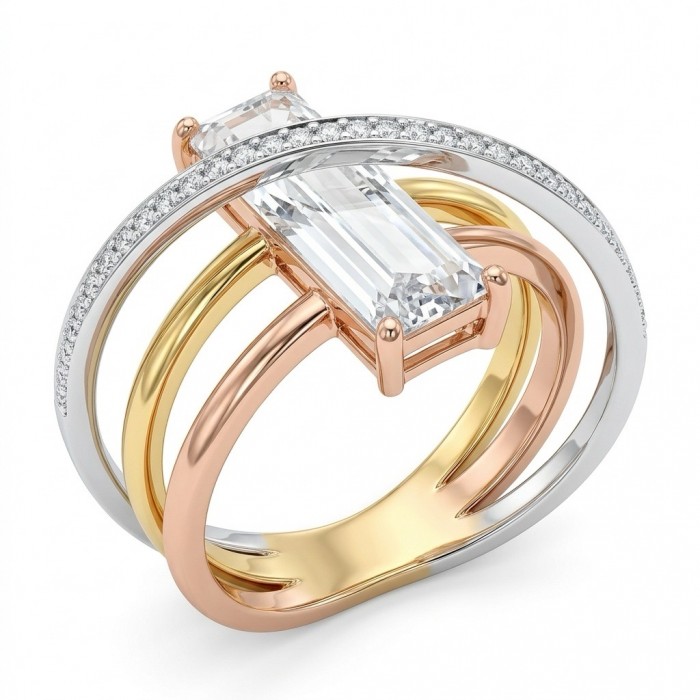 Extravaganza - Authentic 4.5 CARAT natural Moissanite 3 tones .925 Sterling Silver dipped in rhodium handcrafted Ring size 8