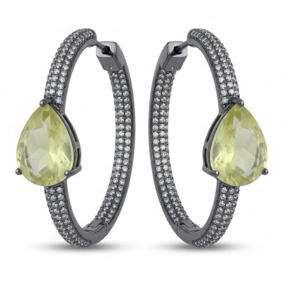Allure Natural 19.2 carat Brazilian Citrine pave 4.2 carat White Topaz Black rhodium .925 Sterling Silver handcrafted hoop earrings