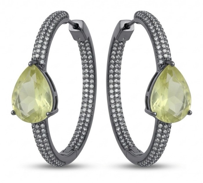 Allure Natural 19.2 carat Brazilian Citrine pave 4.2 carat White Topaz Black rhodium .925 Sterling Silver handcrafted hoop earrings