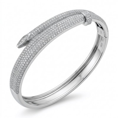 Nail 4.8 carat pave White Topaz rhodium over .925 Sterling Silver Bangle highly polished bracelet
