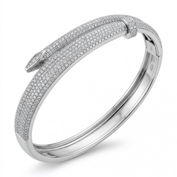 Nail 4.8 carat pave White Topaz rhodium over .925 Sterling Silver Bangle highly polished bracelet