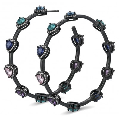 Extravaganza authentic inside-out 10.5 carat Multicolor Sapphire black rhodium over .925 Sterling Silver Handcrafted Hoop Earrings