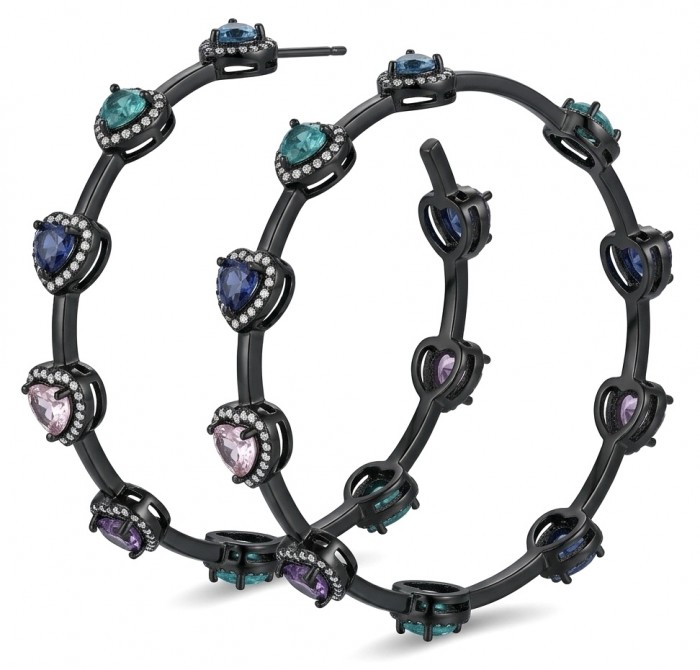 Extravaganza authentic inside-out 10.5 carat Multicolor Sapphire black rhodium over .925 Sterling Silver Handcrafted Hoop Earrings