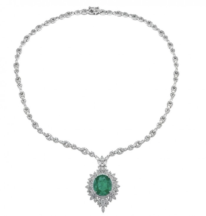 Precious 15.2 carat natural Colombian Emerald rhodium over .925 Sterling Silver .925 Sterling Silver Statement Necklace